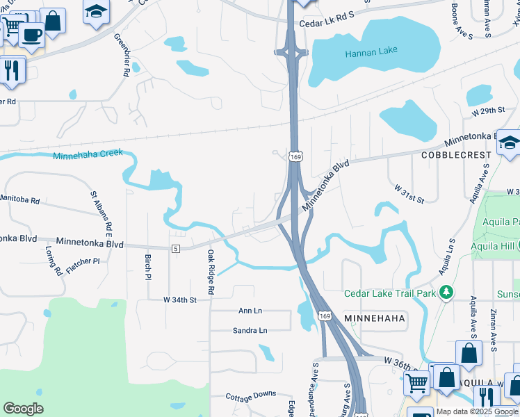 map of restaurants, bars, coffee shops, grocery stores, and more near 9710 Waterstone Place in Hopkins