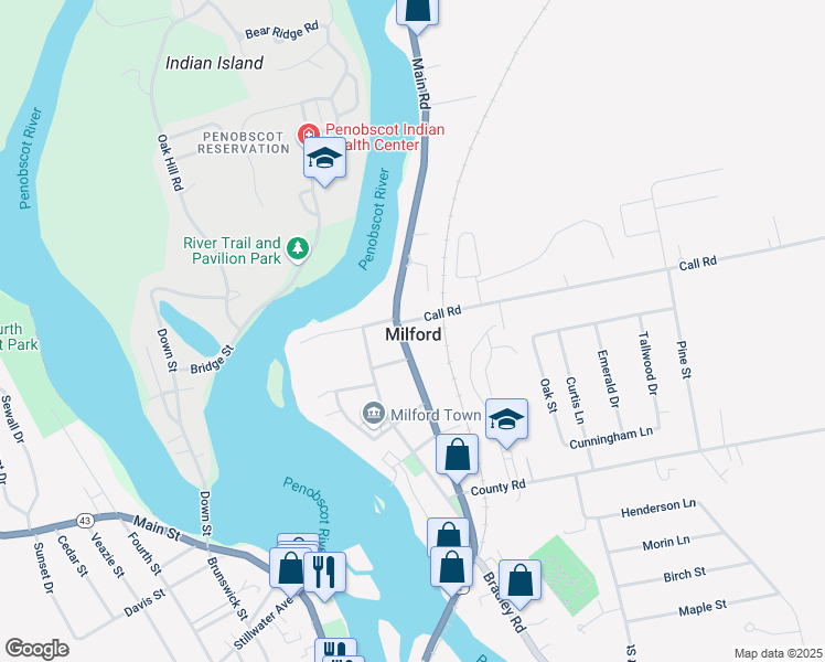 map of restaurants, bars, coffee shops, grocery stores, and more near in Milford