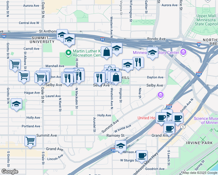 map of restaurants, bars, coffee shops, grocery stores, and more near 151 Western Avenue North in Saint Paul