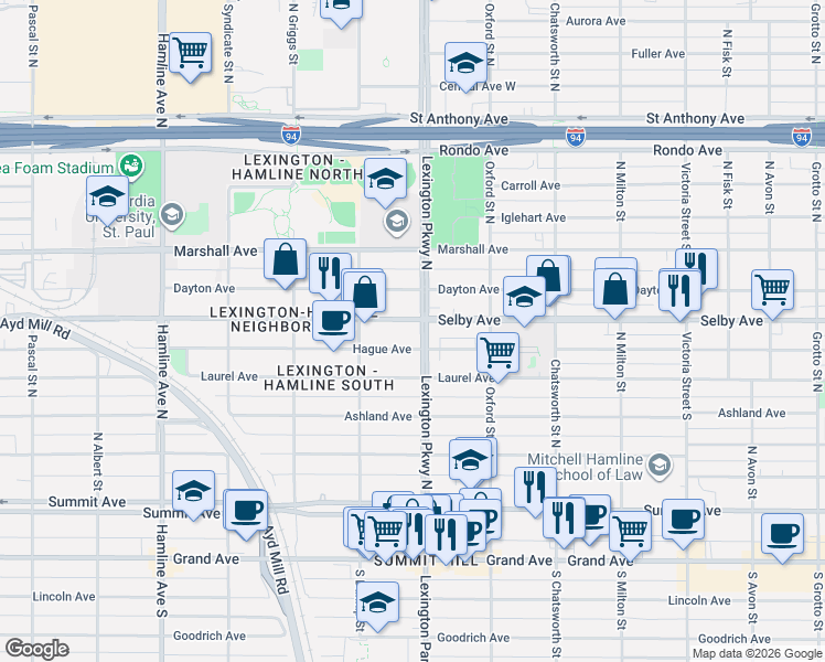 map of restaurants, bars, coffee shops, grocery stores, and more near in Saint Paul