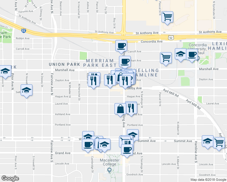 map of restaurants, bars, coffee shops, grocery stores, and more near 1601 Hague Avenue in Saint Paul
