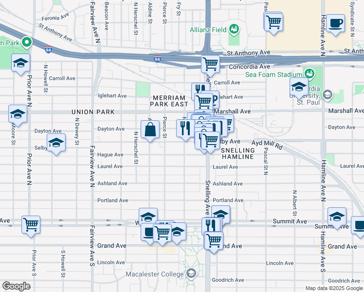 map of restaurants, bars, coffee shops, grocery stores, and more near 1637 Hague Avenue in Saint Paul