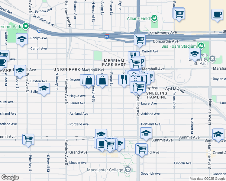 map of restaurants, bars, coffee shops, grocery stores, and more near 1669 Hague Avenue in Saint Paul