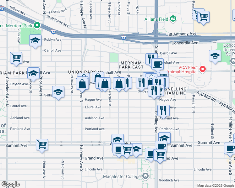map of restaurants, bars, coffee shops, grocery stores, and more near 1707 Hague Avenue in Saint Paul