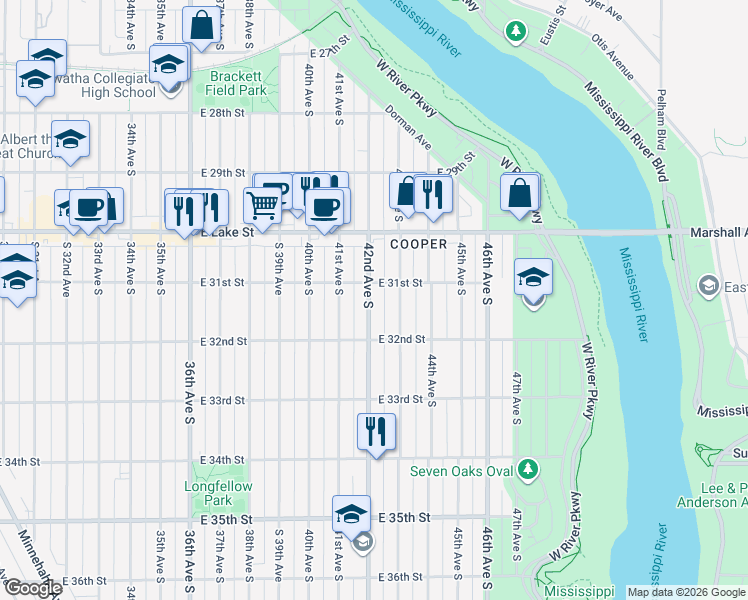 map of restaurants, bars, coffee shops, grocery stores, and more near 3124 42nd Avenue South in Minneapolis