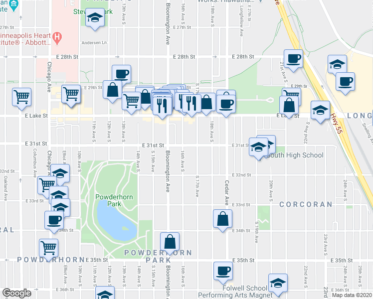 map of restaurants, bars, coffee shops, grocery stores, and more near 3116 South 17th Avenue in Minneapolis