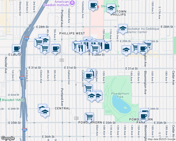 map of restaurants, bars, coffee shops, grocery stores, and more near 3119 Chicago Avenue in Minneapolis