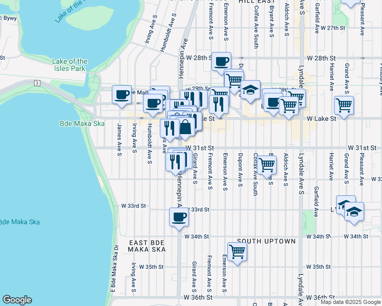 map of restaurants, bars, coffee shops, grocery stores, and more near 3108 Girard Avenue South in Minneapolis