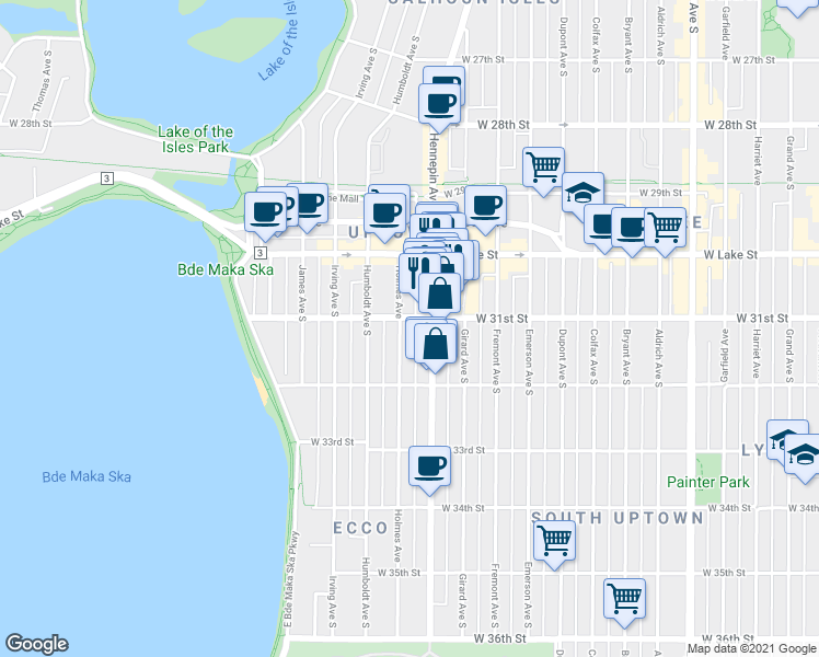 map of restaurants, bars, coffee shops, grocery stores, and more near 3133 Hennepin Avenue in Minneapolis