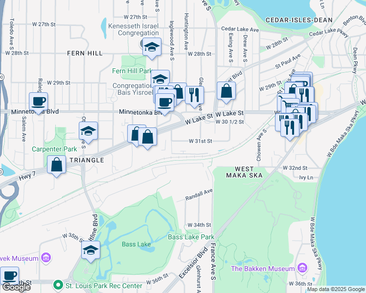 map of restaurants, bars, coffee shops, grocery stores, and more near 3200 Inglewood Avenue South in Minneapolis