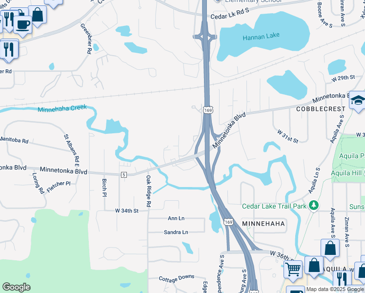 map of restaurants, bars, coffee shops, grocery stores, and more near 9710 Waterstone Place in Hopkins