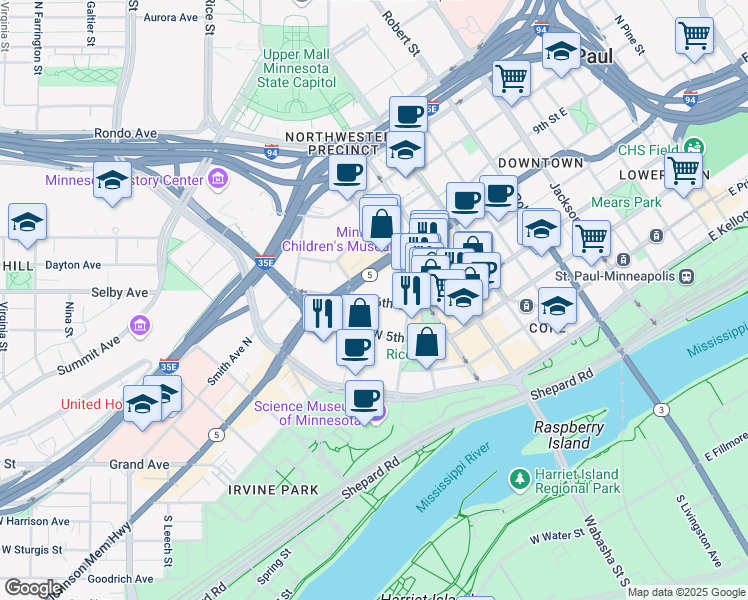 map of restaurants, bars, coffee shops, grocery stores, and more near 185 Old 6th Street West in Saint Paul