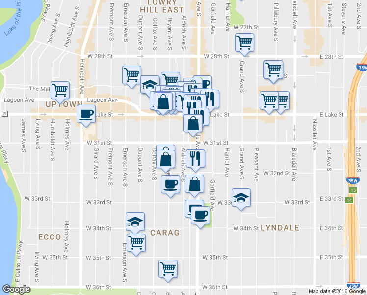 map of restaurants, bars, coffee shops, grocery stores, and more near 3117 Aldrich Avenue South in Minneapolis