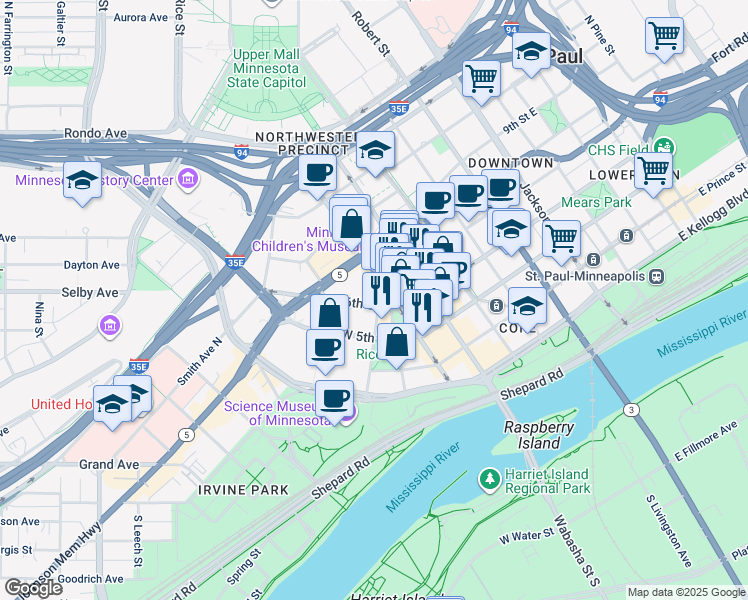 map of restaurants, bars, coffee shops, grocery stores, and more near 1 Ecolab Place in Saint Paul