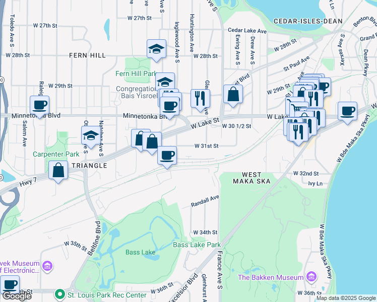 map of restaurants, bars, coffee shops, grocery stores, and more near 3200 Inglewood Avenue South in Minneapolis