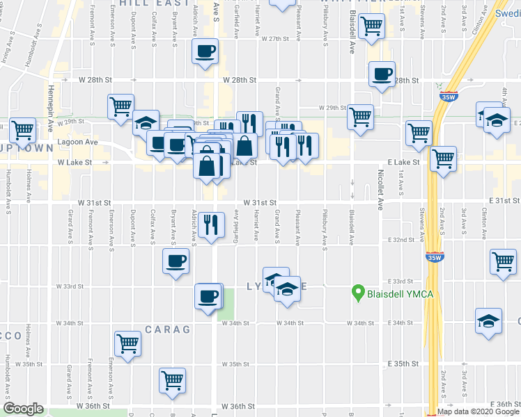 map of restaurants, bars, coffee shops, grocery stores, and more near 3117 Harriet Avenue in Minneapolis