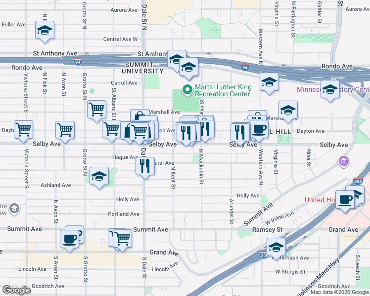 map of restaurants, bars, coffee shops, grocery stores, and more near 534 Selby Avenue in Saint Paul