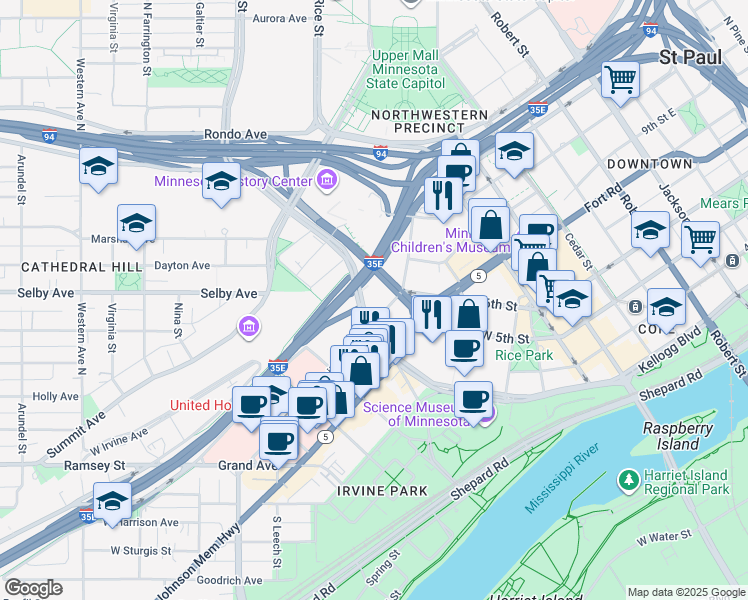 map of restaurants, bars, coffee shops, grocery stores, and more near 145 Smith Avenue North in Saint Paul