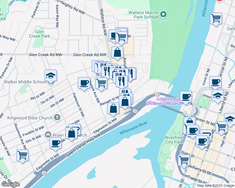 map of restaurants, bars, coffee shops, grocery stores, and more near 570 Bassett Street Northwest in Salem