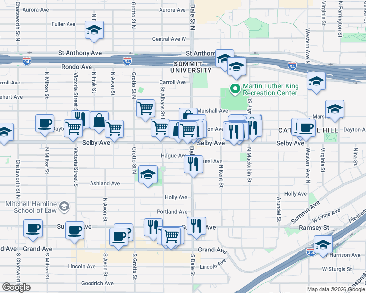 map of restaurants, bars, coffee shops, grocery stores, and more near 655 Hague Avenue in Saint Paul