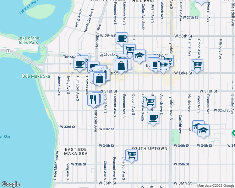 map of restaurants, bars, coffee shops, grocery stores, and more near 1219 West 31st Street in Minneapolis