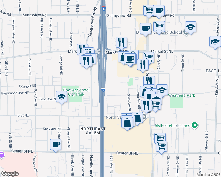 map of restaurants, bars, coffee shops, grocery stores, and more near 3556 Anita Drive Northeast in Salem