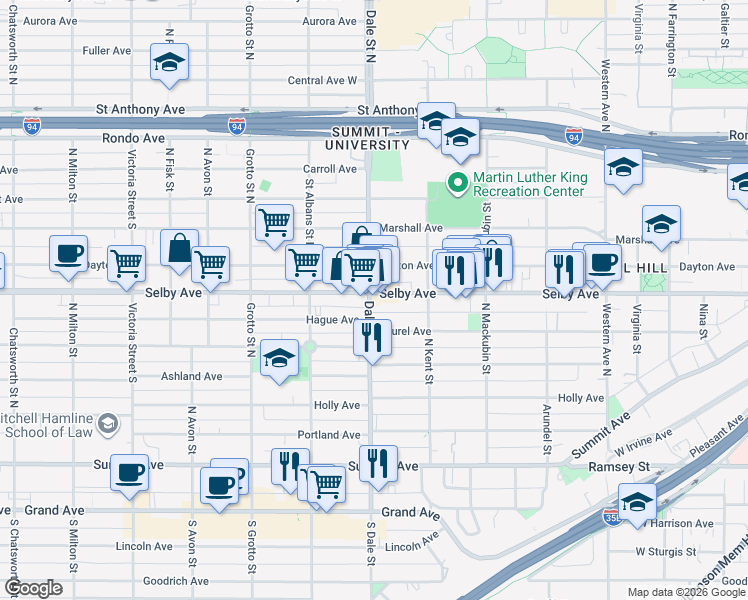 map of restaurants, bars, coffee shops, grocery stores, and more near in Saint Paul