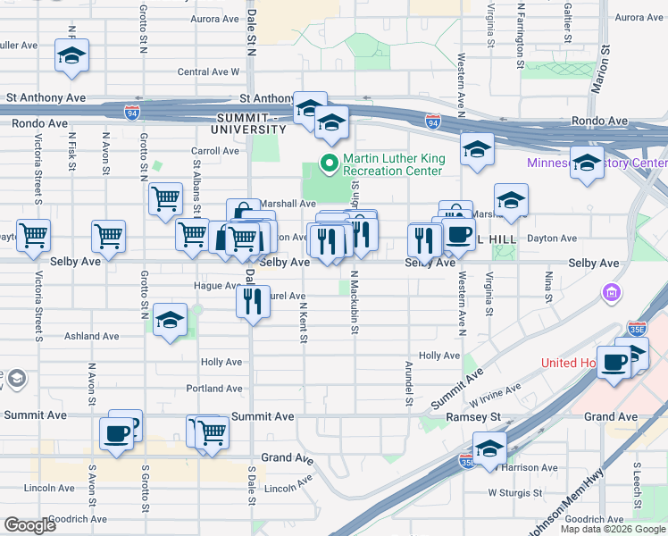 map of restaurants, bars, coffee shops, grocery stores, and more near 534 Selby Avenue in Saint Paul
