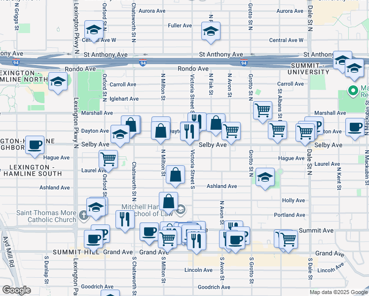 map of restaurants, bars, coffee shops, grocery stores, and more near 874 Selby Avenue in Saint Paul