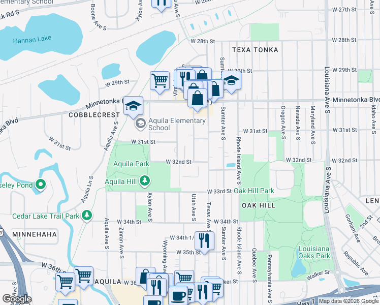 map of restaurants, bars, coffee shops, grocery stores, and more near 3150 Utah Avenue South in Minneapolis