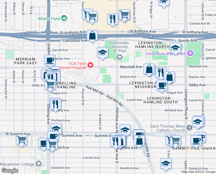 map of restaurants, bars, coffee shops, grocery stores, and more near 1372 Selby Avenue in Saint Paul