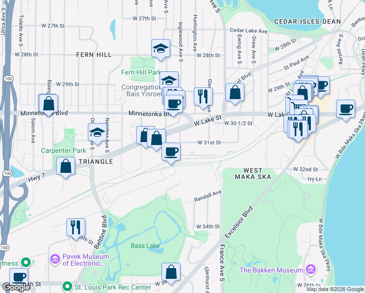map of restaurants, bars, coffee shops, grocery stores, and more near 3106 Inglewood Avenue South in Minneapolis