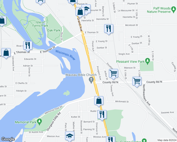 map of restaurants, bars, coffee shops, grocery stores, and more near 1212 Grand Avenue in Wausau