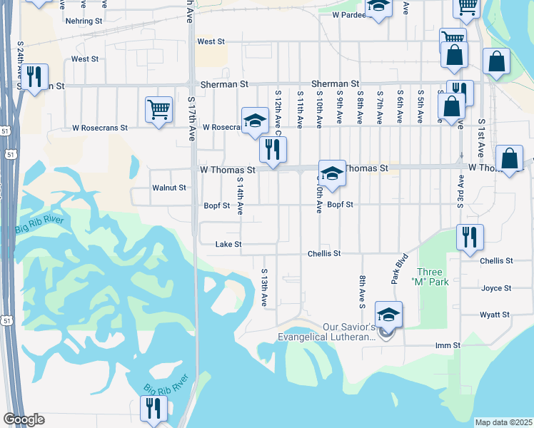 map of restaurants, bars, coffee shops, grocery stores, and more near 1216 South 12th Avenue in Wausau