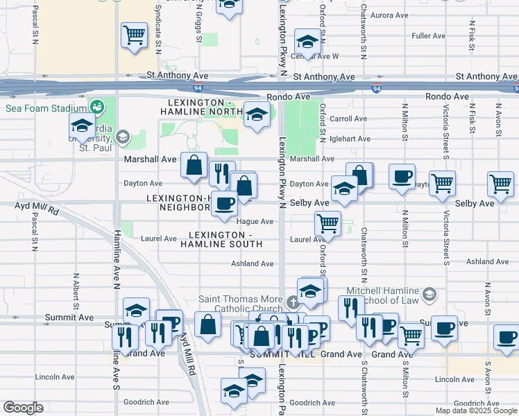 map of restaurants, bars, coffee shops, grocery stores, and more near in Saint Paul