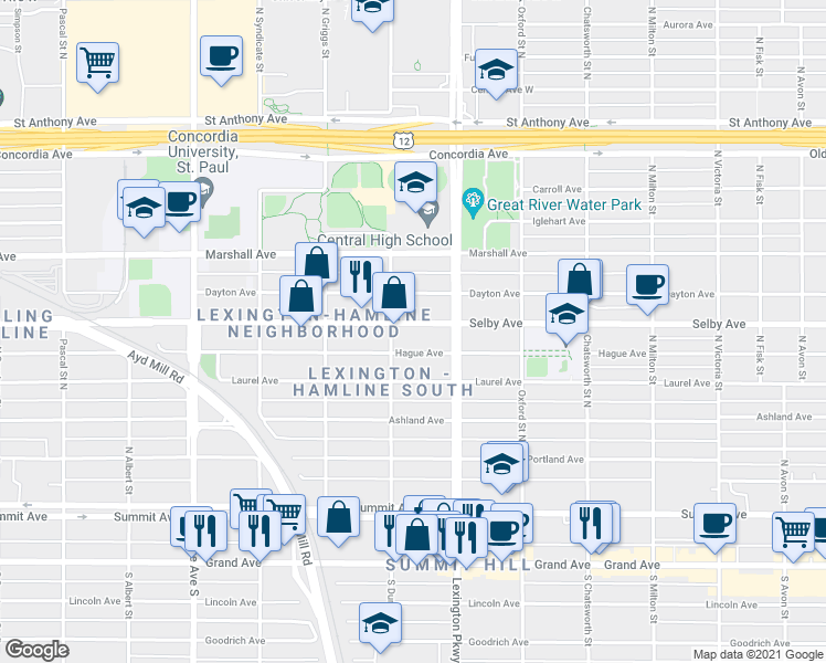 map of restaurants, bars, coffee shops, grocery stores, and more near in Saint Paul