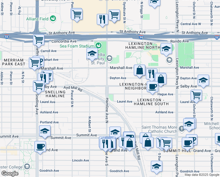 map of restaurants, bars, coffee shops, grocery stores, and more near 1321 Hague Avenue in Saint Paul