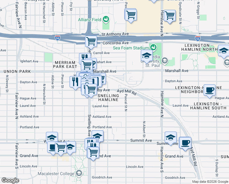 map of restaurants, bars, coffee shops, grocery stores, and more near 1499 Hague Avenue in Saint Paul