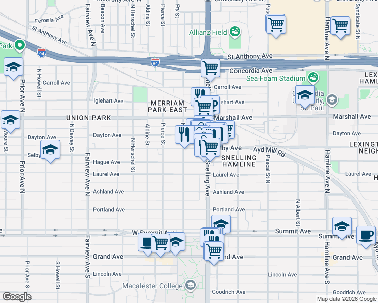 map of restaurants, bars, coffee shops, grocery stores, and more near 1601 Hague Avenue in Saint Paul
