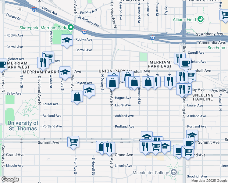 map of restaurants, bars, coffee shops, grocery stores, and more near 150 Fairview Avenue North in Saint Paul