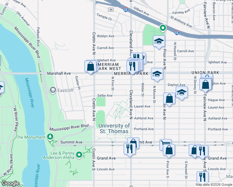 map of restaurants, bars, coffee shops, grocery stores, and more near 2110 Selby Avenue in Saint Paul