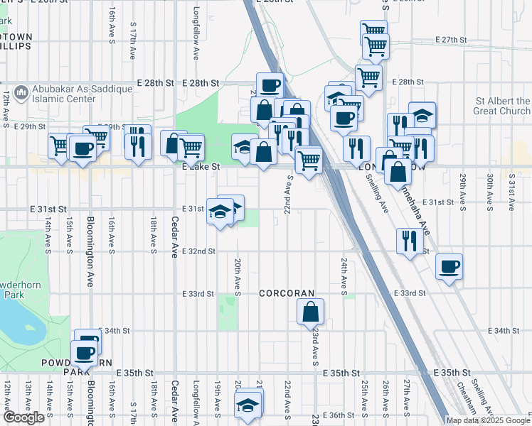 map of restaurants, bars, coffee shops, grocery stores, and more near 3116 22nd Avenue South in Minneapolis