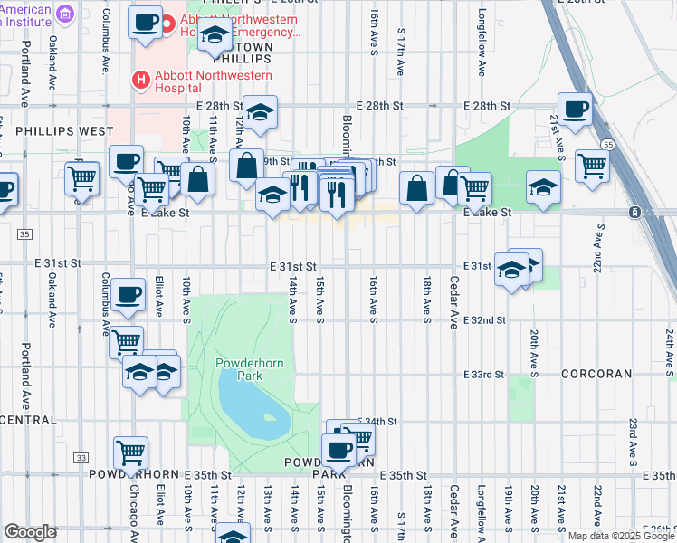 map of restaurants, bars, coffee shops, grocery stores, and more near 3117 South 15th Avenue in Minneapolis