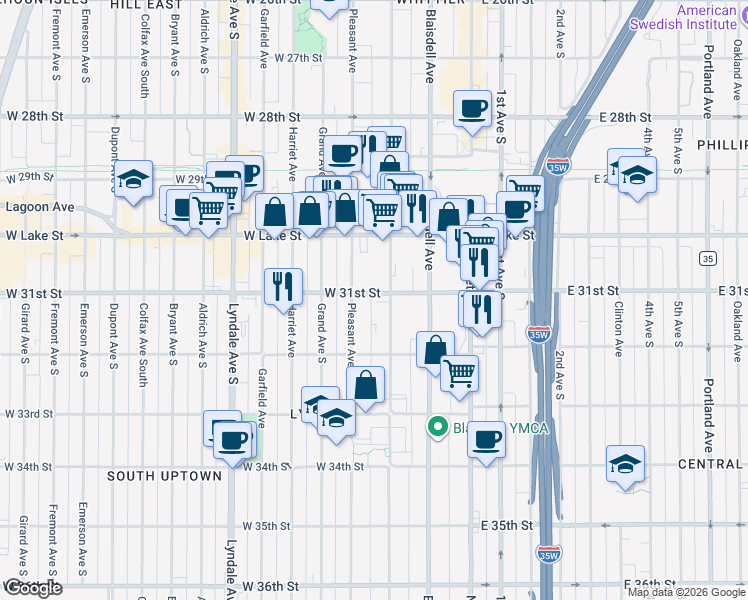 map of restaurants, bars, coffee shops, grocery stores, and more near 3112 Pillsbury Avenue in Minneapolis