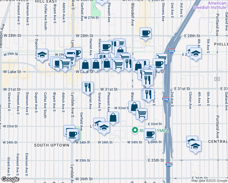 map of restaurants, bars, coffee shops, grocery stores, and more near 3112 Pillsbury Avenue in Minneapolis
