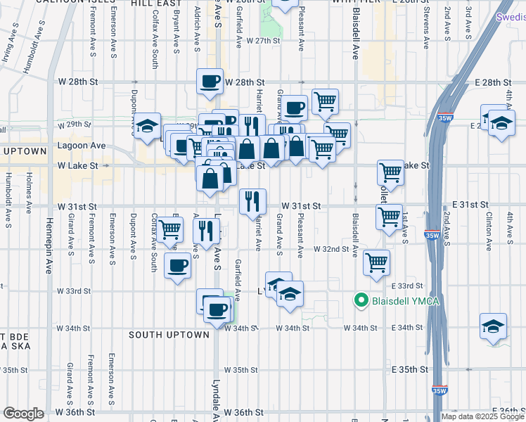 map of restaurants, bars, coffee shops, grocery stores, and more near 3117 Harriet Avenue in Minneapolis