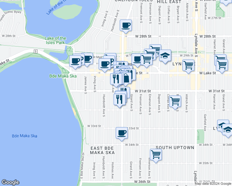 map of restaurants, bars, coffee shops, grocery stores, and more near 3133 Hennepin Avenue in Minneapolis