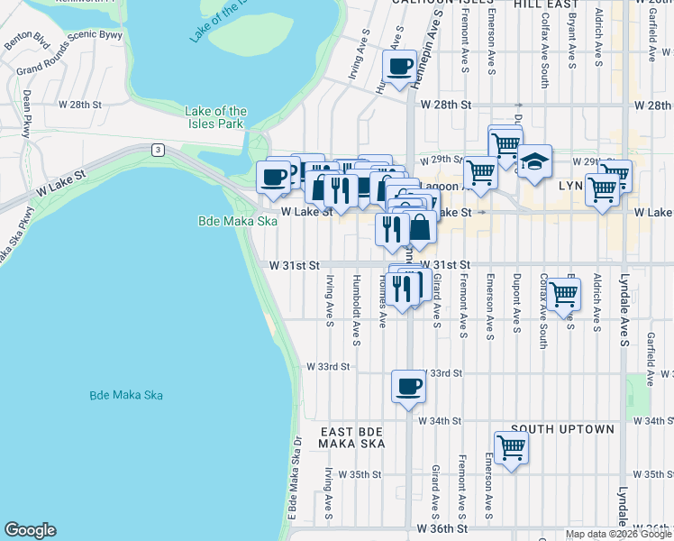 map of restaurants, bars, coffee shops, grocery stores, and more near 3111 Irving Avenue South in Minneapolis