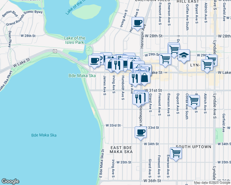map of restaurants, bars, coffee shops, grocery stores, and more near 3111 Irving Avenue South in Minneapolis