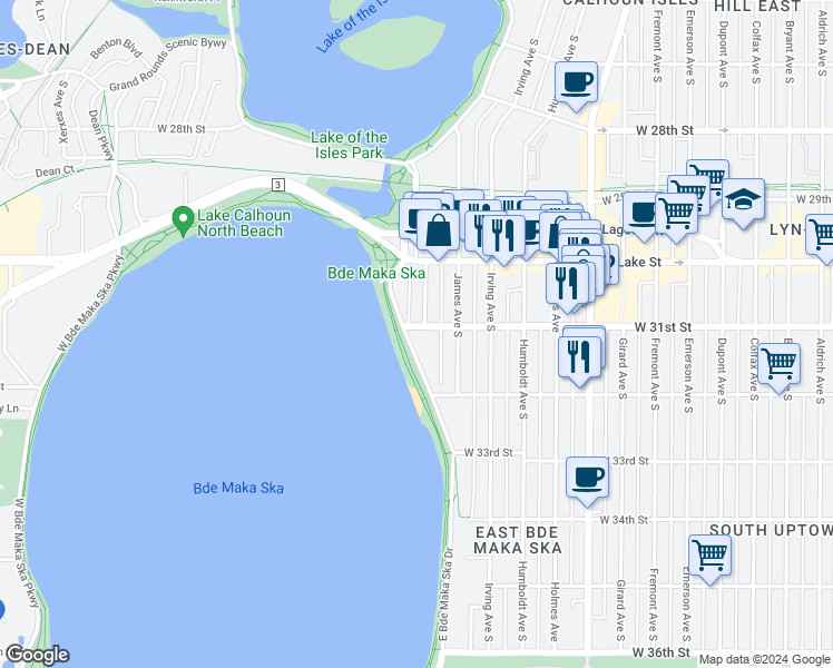 map of restaurants, bars, coffee shops, grocery stores, and more near 3117 East Calhoun Parkway in Minneapolis
